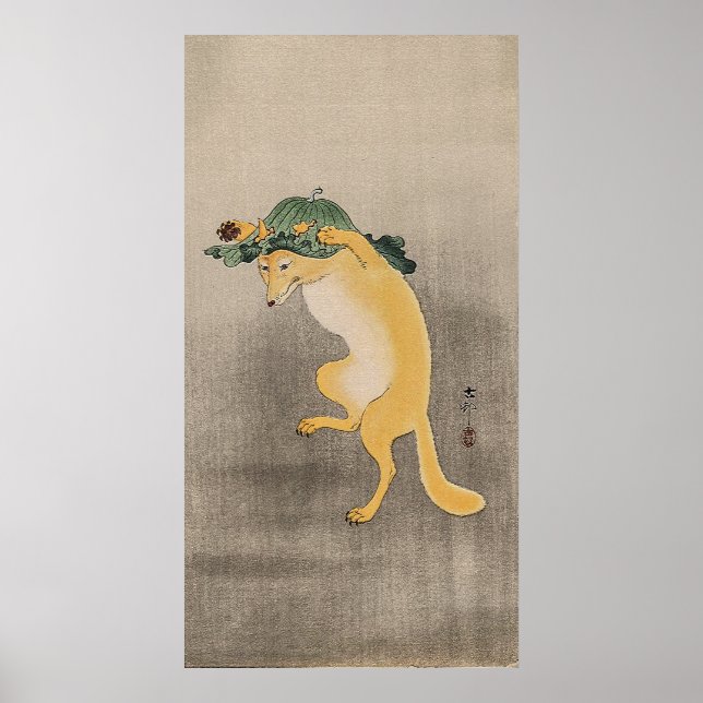 Poster Raposa Dançante Vintage com Chapéu Lótus Folha (Frente)