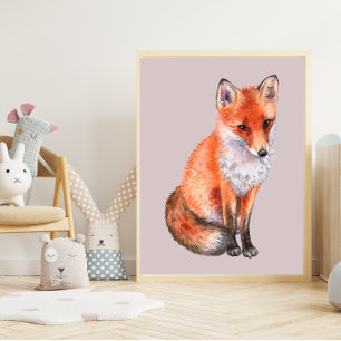 Poster Raposa de Aquarela na Arte de Ensino rosa-claro