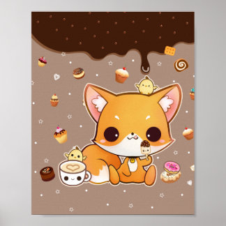 Pôster Raposa-de-chibi-branca com icecream kawaii