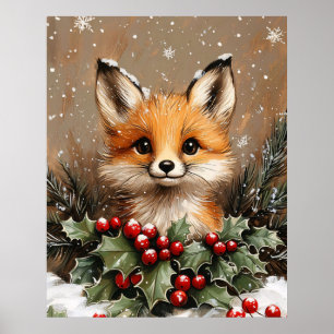 Poster Raposa de Inverno com Azevinho e Pinheiro Nevado