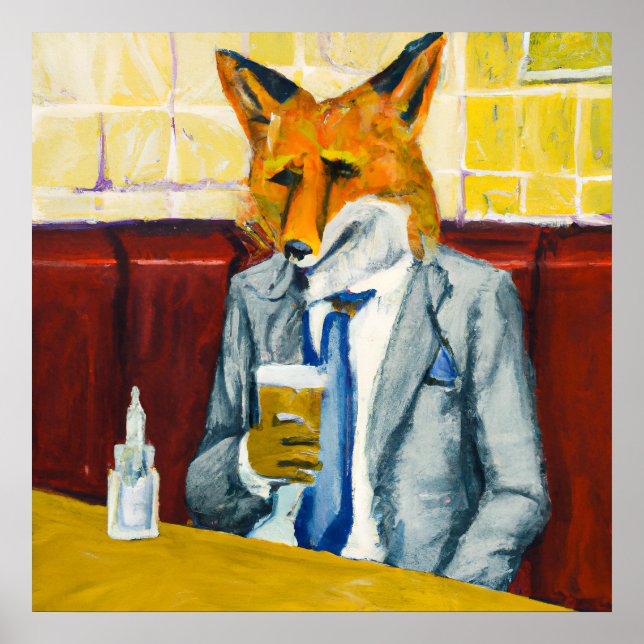 Poster Raposa deprimida vestindo terno e bebendo sozinha (Frente)