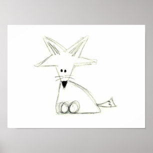 Pôster raposa desenho simples preto branco cinza infantil