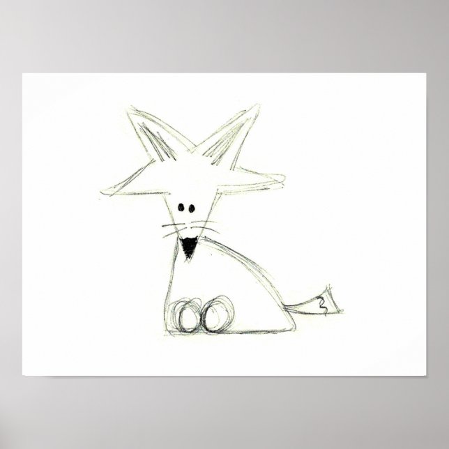 Pôster raposa desenho simples preto branco cinza infantil (Frente)