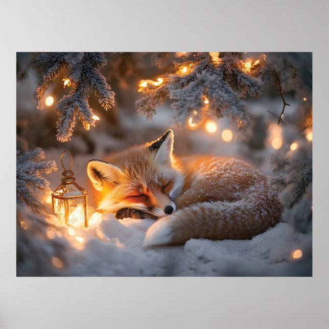 Poster Raposa Dormindo Sob Ramificações De Neve (Frente)