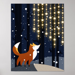 Poster Raposa e cordas de estrelas na floresta nevada