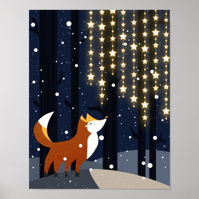 Poster Raposa e cordões de luzes de estrelas na floresta  (Frente)