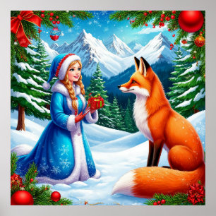 Poster Raposa e Donzela de Neve em Cena de Floresta Inver