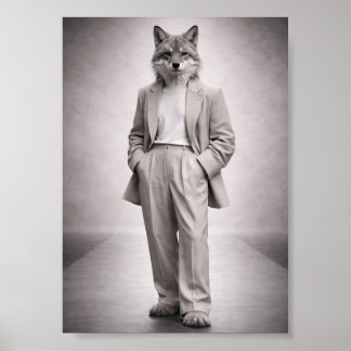 Poster Raposa Elegante em Terno Moderno Claro Retrato