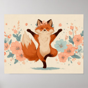 Poster Raposa Feliz com Flores – Arte Animal Caprichosa e
