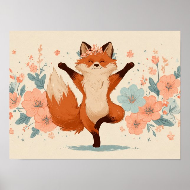 Poster Raposa Feliz com Flores – Arte Animal Caprichosa e (Frente)