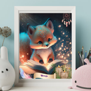 Poster Raposa Fofa lendo um Livro Arte Personalizada Berç