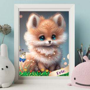 Poster Raposa Fofa no Jardim de Flores Arte Personalizado