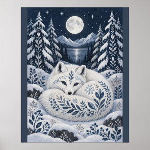 Poster Raposa Invernal Pacífica Enrolada numa Lua Nevada