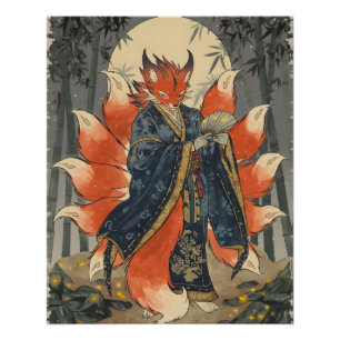 Pôster Raposa Kitsune de Nove Caudas Arte da Mitologia