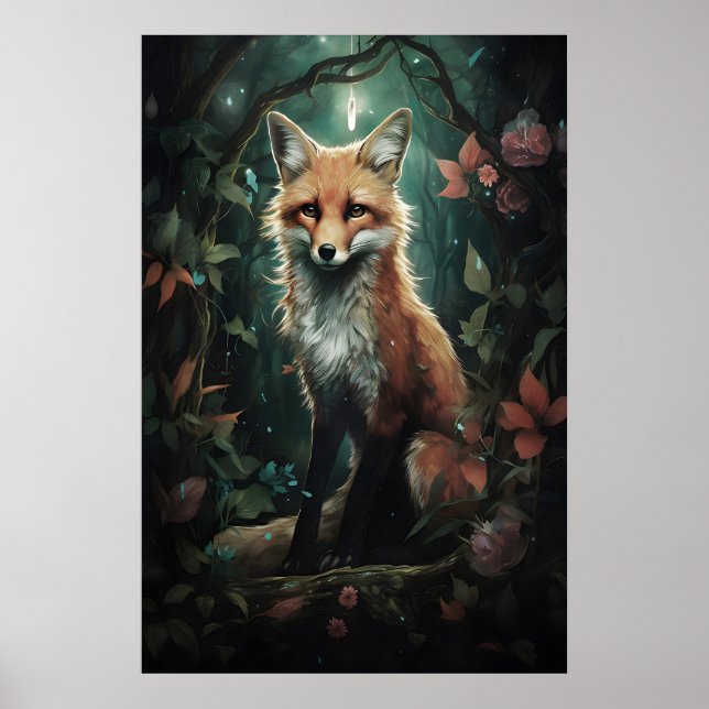 Poster Raposa na Floresta Mágica de Flores Impressa, Dark (Frente)