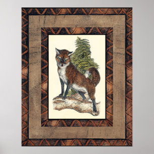 Pôster Raposa Rústica Passando em um tronco de árvore