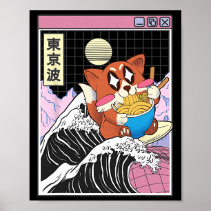 Poster Raposa Surfando Onda Kanagawa Kawaii Vaporwave Rap