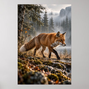 Poster Raposa Vermelha Caminhando pela Floresta Nebulosa