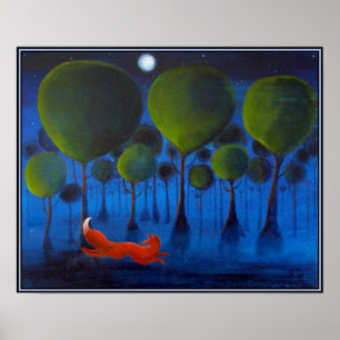 Pôster Raposa vermelha com árvores na Noite.