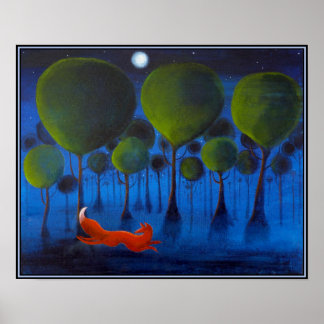 Pôster Raposa vermelha com árvores na Noite.