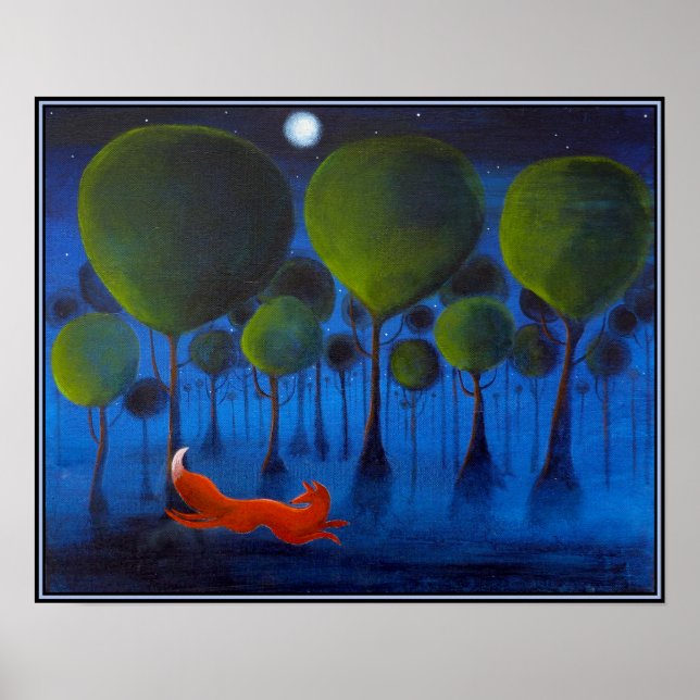 Pôster Raposa vermelha com árvores na Noite. (Frente)