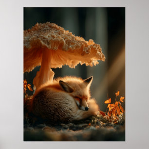 Poster Raposa Vermelha Dormindo Sob Um Cogumelo Gigante