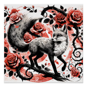 Pôster Raposa Vermelha e Rosas com Thornes Linocut