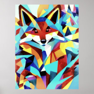 Poster Raposa Vermelha Passando Por Estilo De Arte Geomét