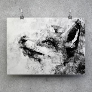 Poster Raposa Vermelha Preto e Branco Aquarela 01