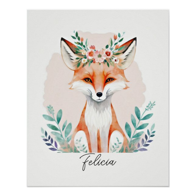 Pôster Raposar floral em aquarela personalizada (Frente)