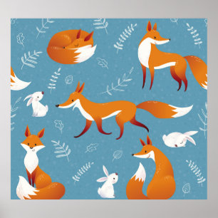 Poster Raposas de inverno, coelhos, padrão de colheita.