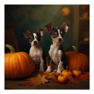 Pôster Rat Terrier Puppy Autumn Delight Pumpkin