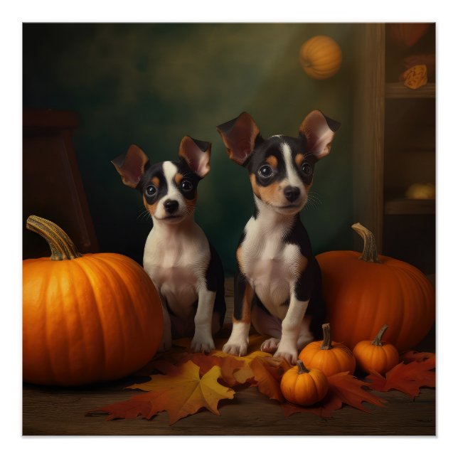 Pôster Rat Terrier Puppy Autumn Delight Pumpkin (Frente)
