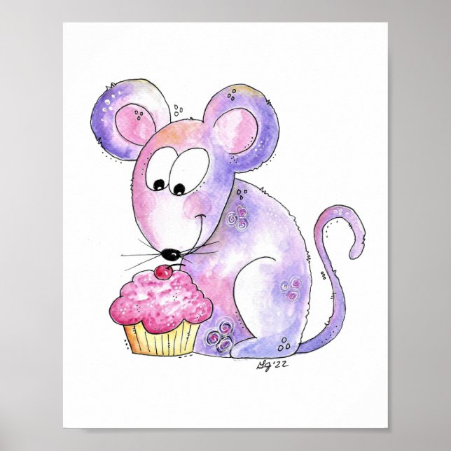 Poster Rato branco bonito com Cupcake (Frente)