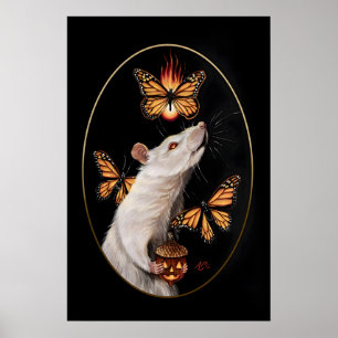 Poster Rato Branco com Borboletas Monarca Casa Gótica