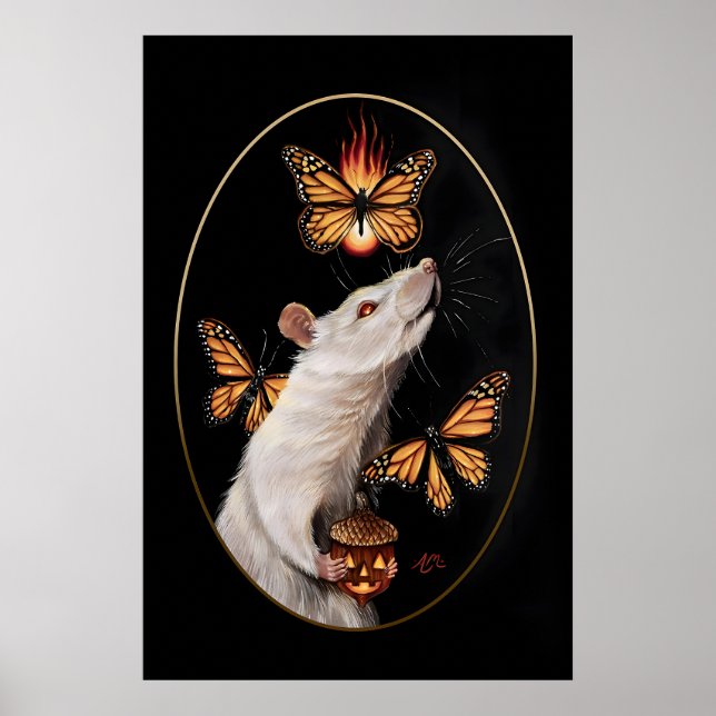 Poster Rato Branco com Borboletas Monarca Casa Gótica (Frente)