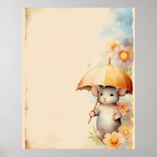 Poster Rato com guarda-chuva amarelo fundo aquarela