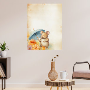 Poster Rato com guarda-chuva azul flores laranja rosa pap
