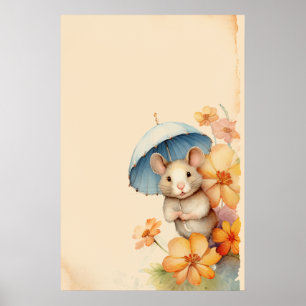 Poster Rato, flores azuis do guarda-chuva, papel antigo