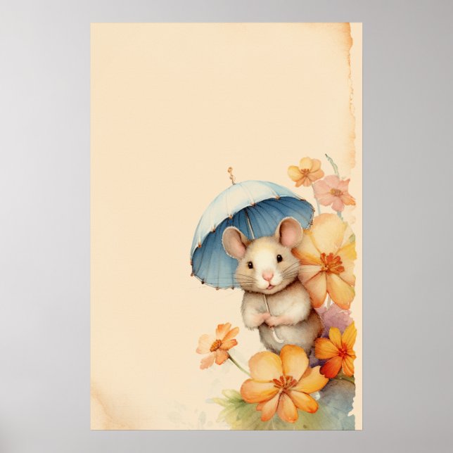 Poster Rato, flores azuis do guarda-chuva, papel antigo (Frente)