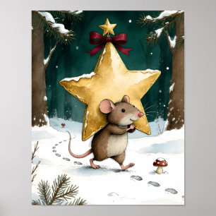 Poster Rato Fofo Carregando Estrela de Natal Dourada