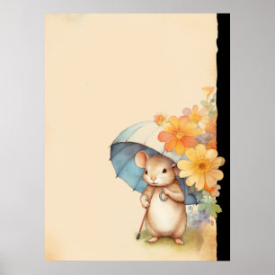 Poster Rato guarda-chuva laranja flores papel antigo fofo