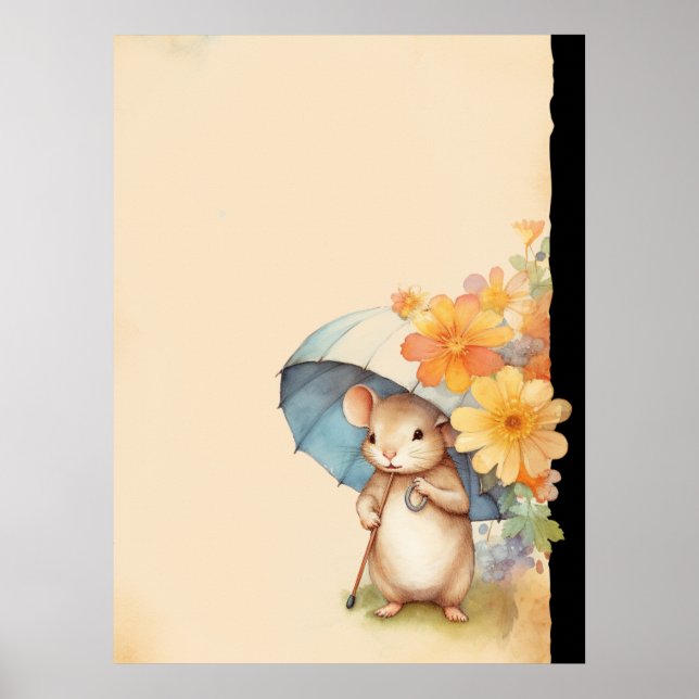 Poster Rato guarda-chuva laranja flores papel antigo fofo (Frente)