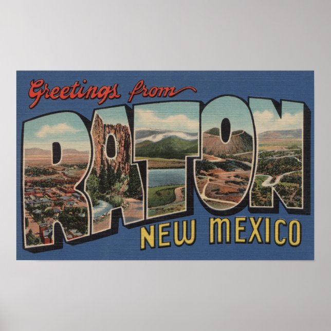 Pôster Raton, New Mexico - Large Letter Scenes (Frente)