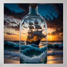 Poster Raue See mit Schiff in einer Flasche