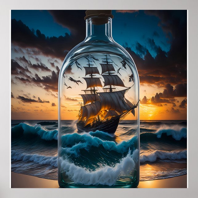 Poster Raue See mit Schiff in einer Flasche (Frente)