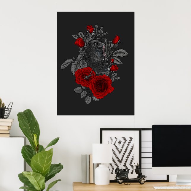 Poster Raven com a chave e os rosas (Escritório em casa)