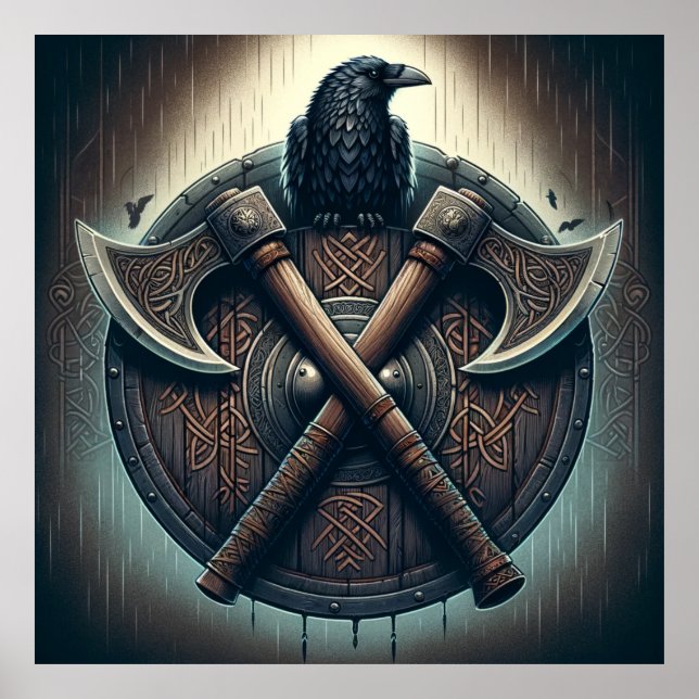 Poster Raven e Eixos - Arte de Muro do Guerreiro Nórdico (Frente)