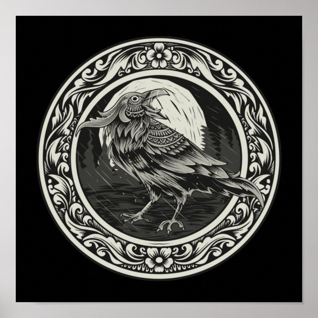 Poster Raven Medallion Carving Art Bird Nature (Frente)