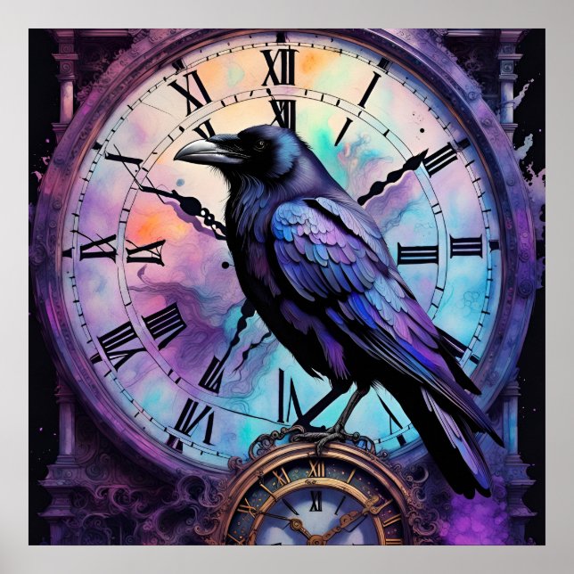 Poster Raven na Aquarela Clock (Frente)